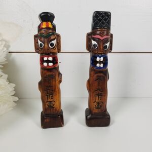 Vintage Pair of Korean Totem Pole Village Guardians | Hand Carved Wood Tiki